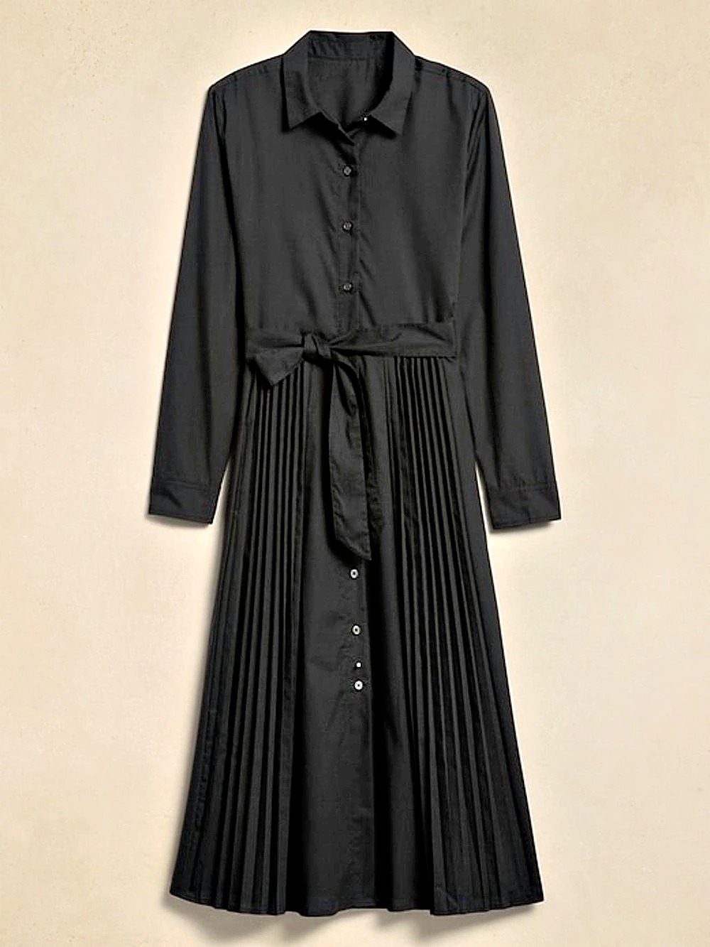 Banana Republic Factory Stretch-Cotton Pleated Midi Shirt Dress Black. Size 0